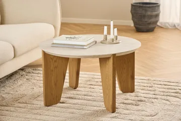 Alkha Rundt Sofabord 80 cm i Sten med Træben - Beige - Møbler - Borde - Sofabord