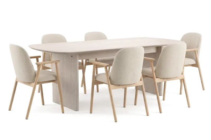 Alma spisebordssæt rektangulært 220 cm hvidlaseret med 6 Reciclar-spisestole, Hvidlaseret eg