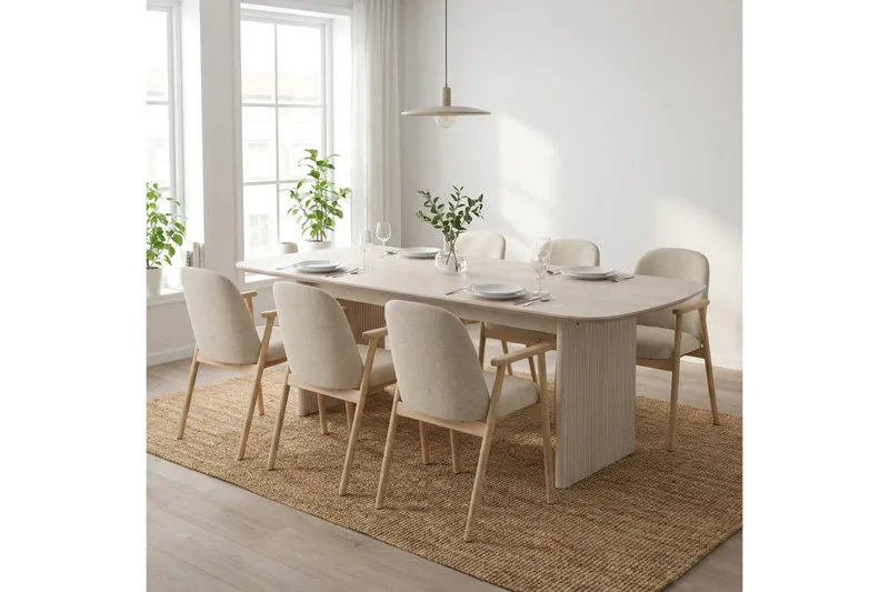 Alma spisebordssæt rektangulært 220 cm hvidlaseret med 6 Reciclar-spisestole - Hvidlaseret eg - Møbler - Borde - Spisebordssæt