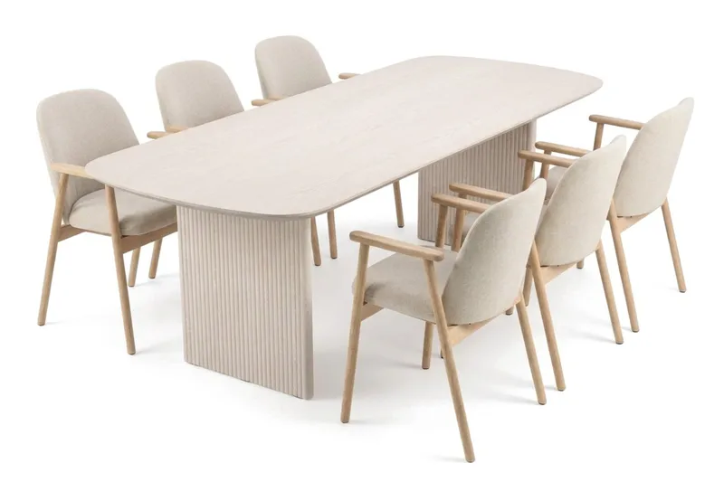 Alma spisebordssæt rektangulært 220 cm hvidlaseret med 6 Reciclar-spisestole - Hvidlaseret eg - Møbler - Borde - Spisebordssæt