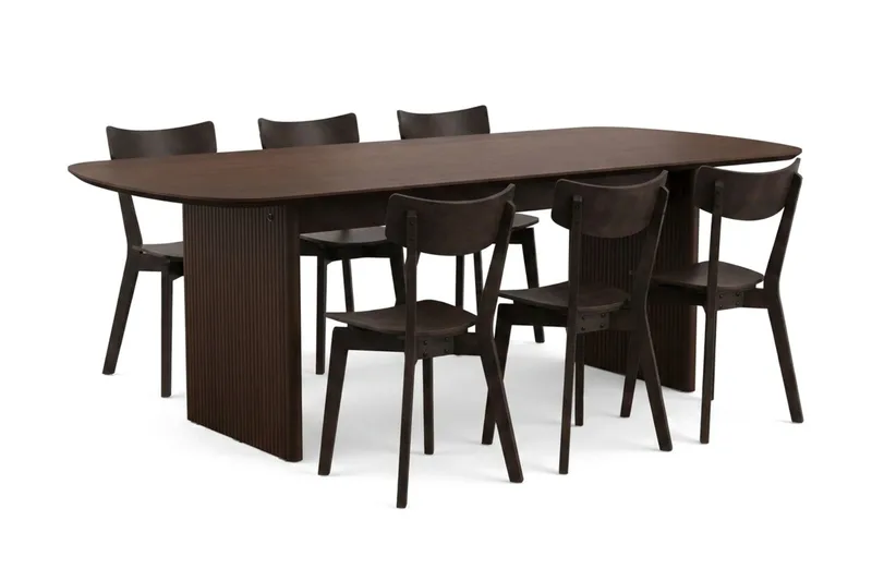 Alma spisegruppe 220 cm rektangulær i røget eg med 6 Amelia spisestole, Røget eg