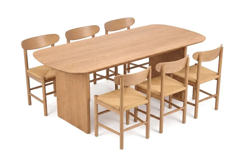 Alma spisegruppe rektangulær 180 cm eg med 6 Malte spisestole, Eg