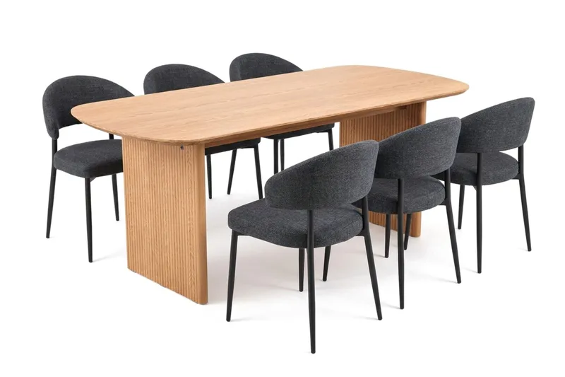Alma spisegruppe rektangulær 180 cm Eg med 6 Sawako-spisestole, Eg