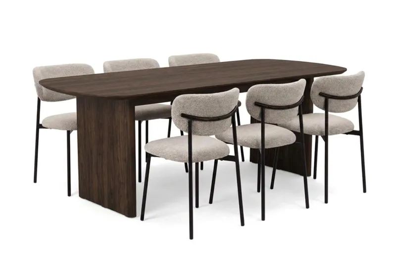 Alma spisegruppe rektangulær 180 cm røget eg med 6 Lucy spisebordsstole, Røget eg