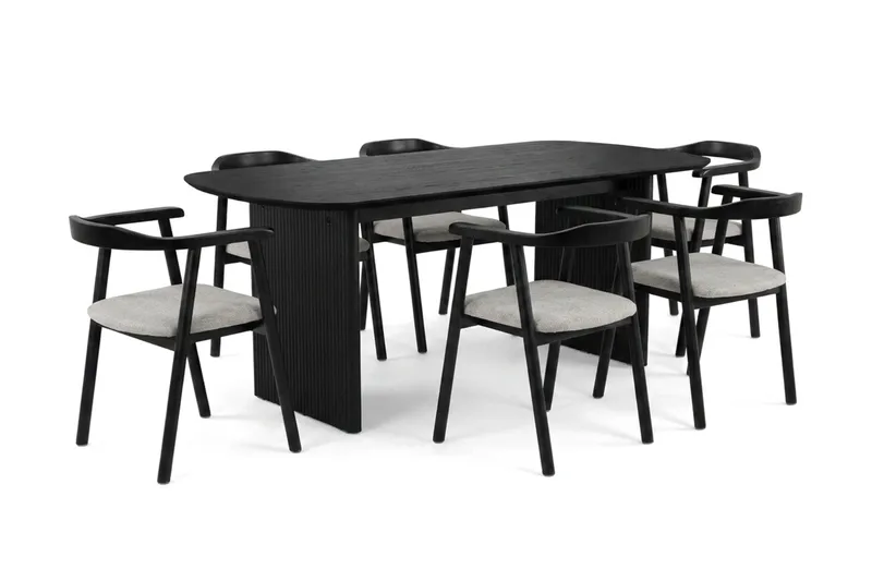 Alma spisegruppe rektangulær 180 cm sort med 6 Jolie spisebordsstole, Sortbejdset eg