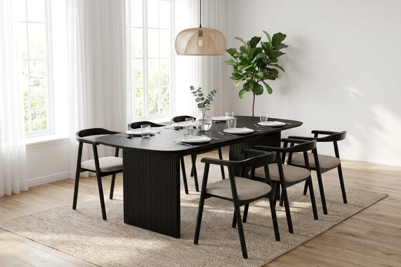 Alma spisegruppe rektangulær 180 cm sort med 6 Jolie spisebordsstole - Sortbejdset eg - Møbler - Borde - Spisebordssæt