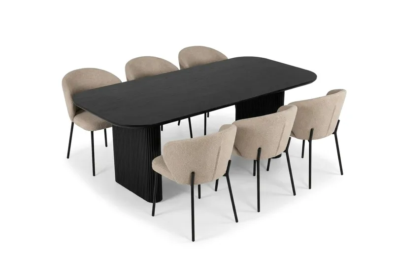 Alma spisegruppe rektangulær 180 cm Sort med 6 Sawako-spisestole - Sortbejdset eg - Møbler - Borde - Spisebordssæt
