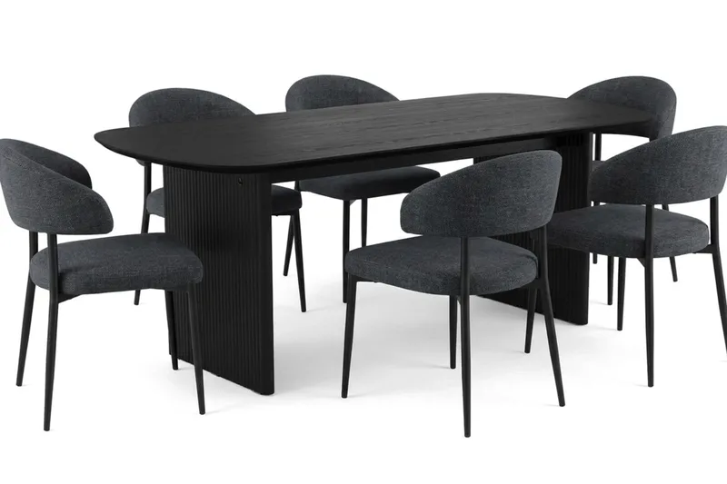 Alma spisegruppe rektangulær 180 cm Sort med 6 Sawako-spisestole - Sortbejdset eg - Møbler - Borde - Spisebordssæt