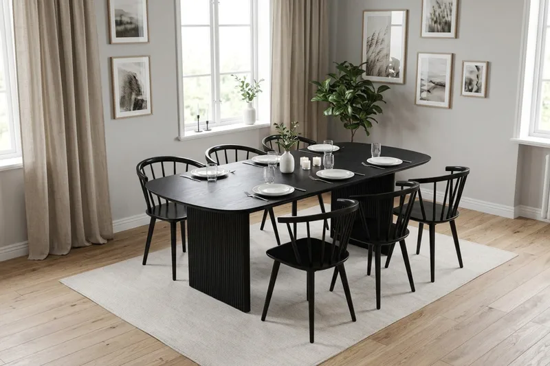 Alma spisegruppe rektangulær 180 cm sort med 6 Tyrö spisebordsstole - Sortbejdset eg - Møbler - Borde - Spisebordssæt