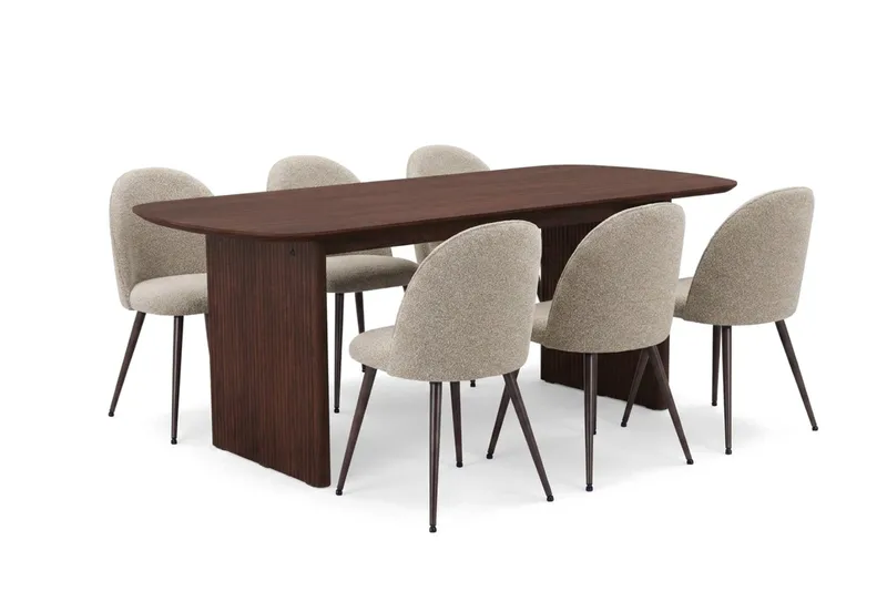 Alma spisegruppe rektangulær 180 cm valnød med 6 Nibe Plus spisestole, Valnød