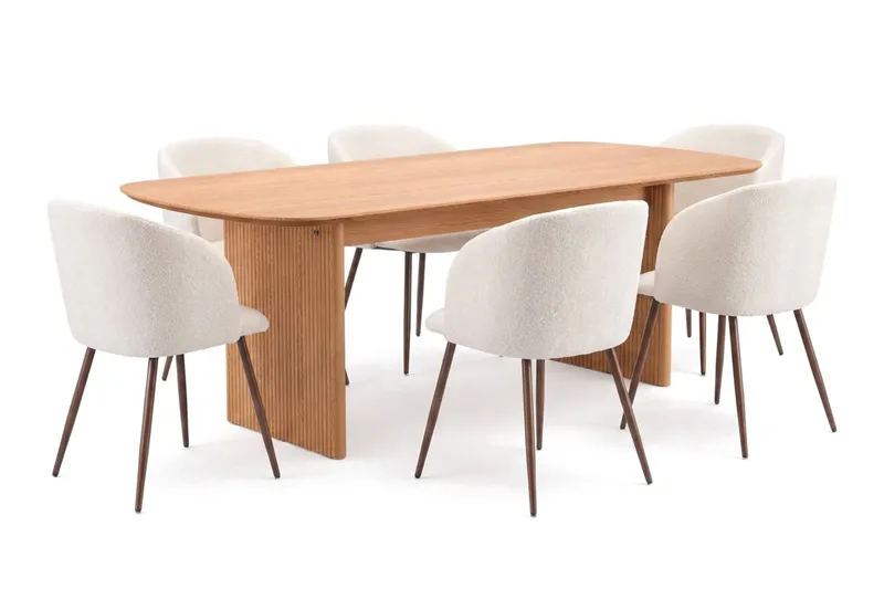 Alma spisegruppe rektangulær 220 cm eg med 6 Greya spisestole, Eg
