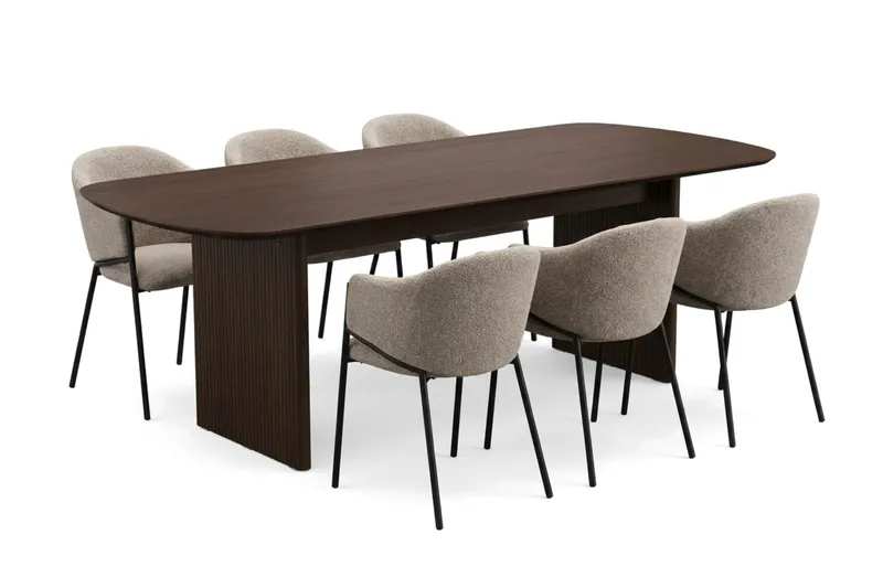 Alma spisegruppe rektangulær 220 cm Røget Eg med 6 Filip-spisestole, Røget eg