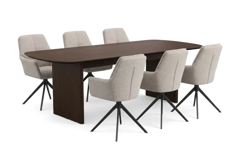 Alma spisegruppe rektangulær 220 cm røget eg med 6 Torsby-spisestole, Røget eg