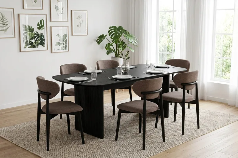 Alma spisegruppe rektangulær 220 cm sort med 6 Molly-spisestole - Sortbejdset eg - Møbler - Borde - Spisebordssæt