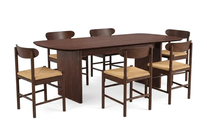 Alma spisegruppe rektangulær 220 cm valnød med 6 Malte spisestole, undefined