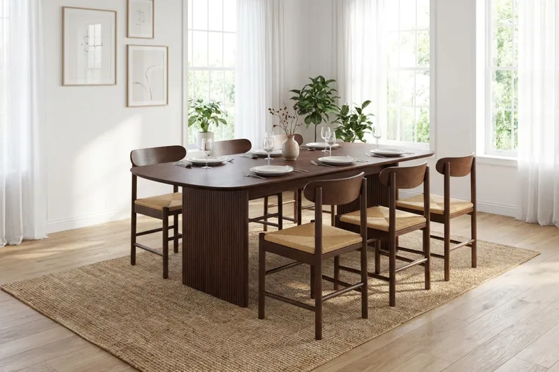 Alma spisegruppe rektangulær 220 cm valnød med 6 Malte spisestole - Møbler - Borde - Spisebordssæt