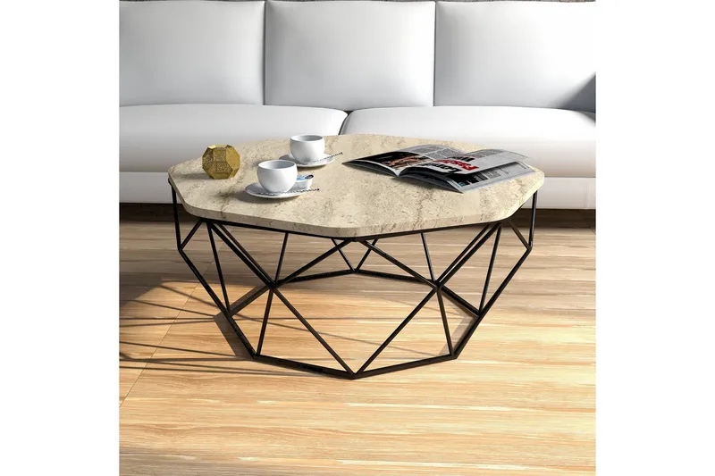 Almasi Ovalt Sofabord 90 cm i Sten med Metalstel - Beige - Møbler - Borde - Sofabord