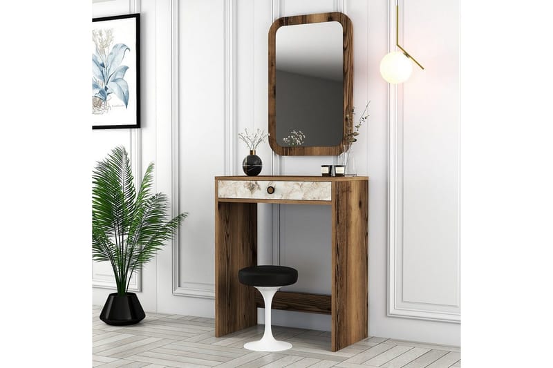 Ameias Toiletbord 70 cm - Valnød/Hvid/Marmor - Møbler - Borde - Sminkebord & konsolbord - Makeup bord med spejl