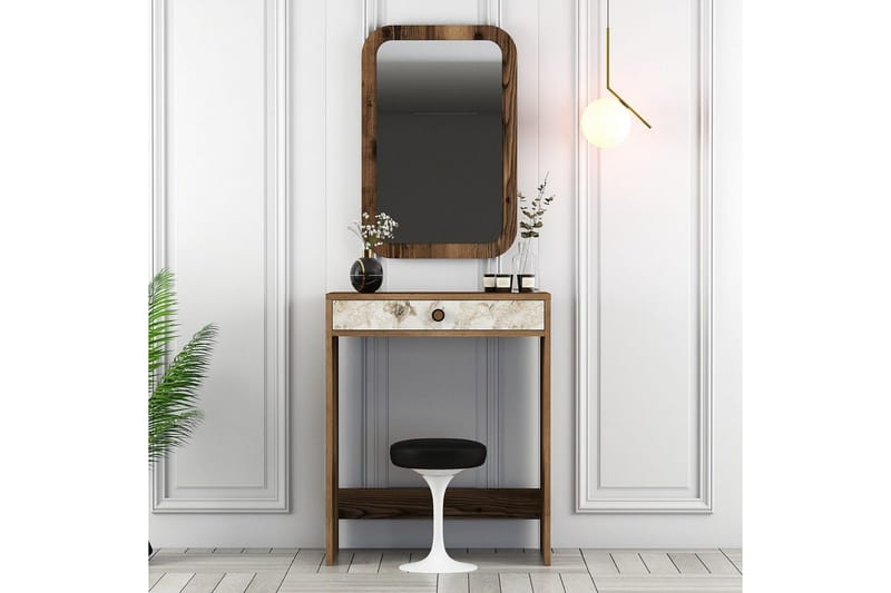 Ameias Toiletbord 70 cm - Valnød/Hvid/Marmor - Møbler - Borde - Sminkebord & konsolbord - Makeup bord med spejl