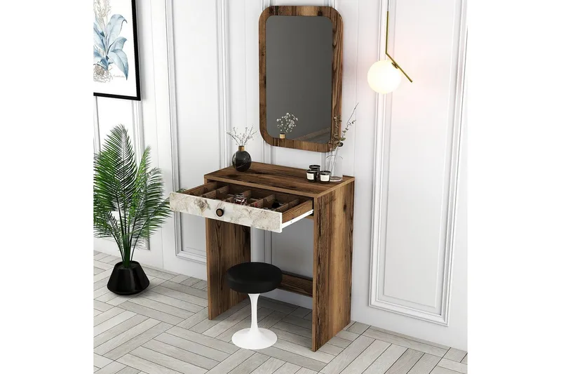 Ameias Toiletbord 70 cm - Valnød/Hvid/Marmor - Møbler - Borde - Sminkebord & konsolbord