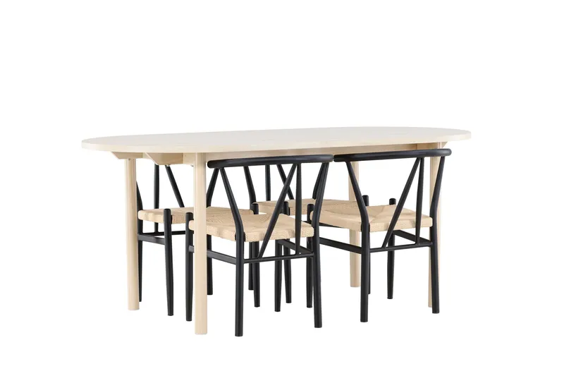 Andy Spisegruppe 180 cm Oval med 4 Alfons stole - Whitewash/Svart - Møbler - Borde - Spisebordssæt