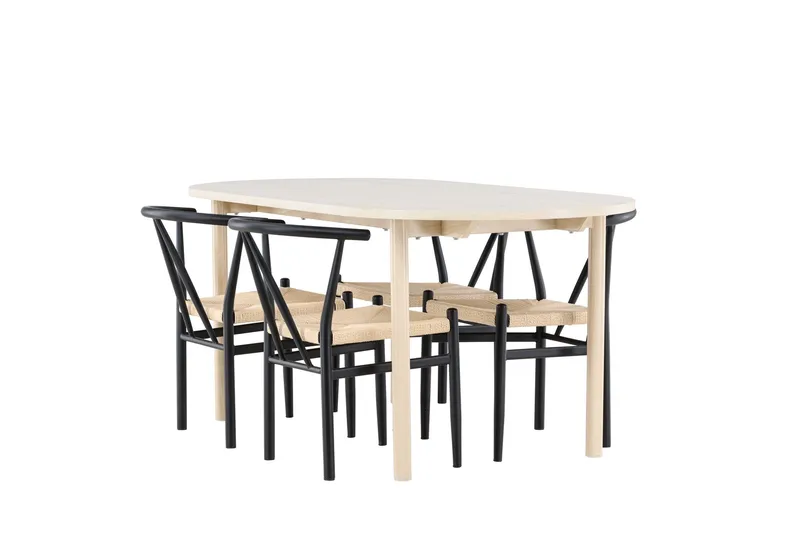 Andy Spisegruppe 180 cm Oval med 4 Alfons stole, Whitewash/Svart