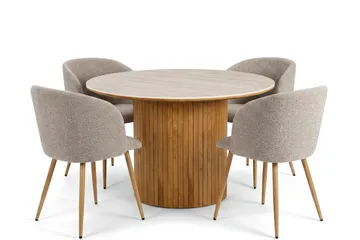 Arvo rund spisegruppe 120 cm i egetræ med 4 Greya-spisestole - Eg/Greige - Møbler - Borde - Spisebordssæt
