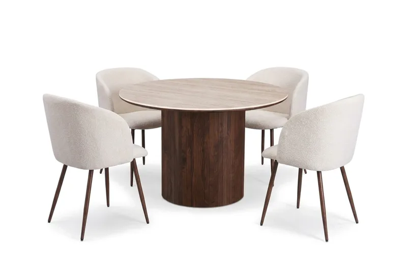 Arvo rund spisegruppe 120 cm Travertin med 4 Greya-spisestole, Valnød