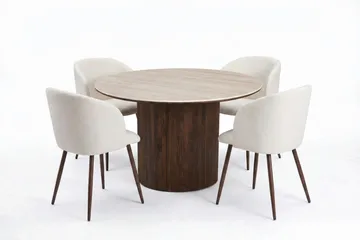 Arvo rund spisegruppe 120 cm Travertinlook med 4 Greya-spisestole - Valnød - Møbler - Borde - Spisebordssæt