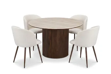 Arvo rund spisegruppe 120 cm Travertinlook med 4 Greya-spisestole - Valnød - Møbler - Borde - Spisebordssæt