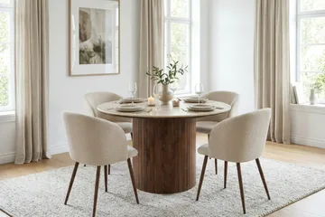 Arvo rund spisegruppe 120 cm Travertinlook med 4 Greya-spisestole - Valnød - Møbler - Borde - Spisebordssæt