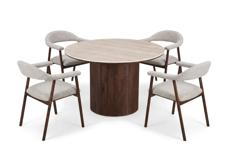 Arvo rund spisegruppe 120 cm Travertinlook med 4 Ronja spisebordsstole, Valnød