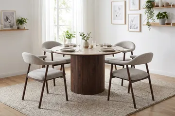 Arvo rund spisegruppe 120 cm Travertinlook med 4 Ronja spisebordsstole - Valnød - Møbler - Borde - Spisebordssæt