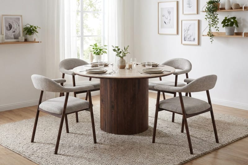Arvo rund spisegruppe 120 cm Travertinlook med 4 Ronja spisebordsstole - Valnød - Møbler - Borde - Spisebordssæt