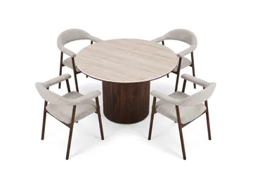 Arvo rund spisegruppe 120 cm Travertinlook med 4 Ronja spisebordsstole - Valnød - Møbler - Borde - Spisebordssæt