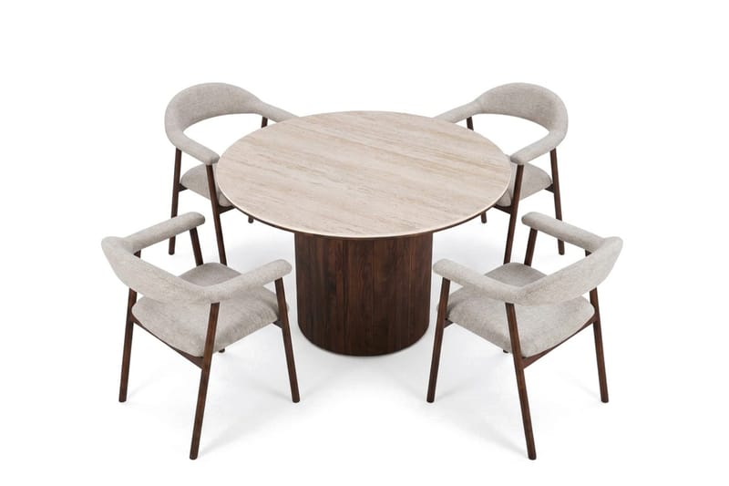 Arvo rund spisegruppe 120 cm Travertinlook med 4 Ronja spisebordsstole - Valnød - Møbler - Borde - Spisebordssæt