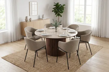 Arvo rund spisegruppe 150 cm Travertin med 6 Filip spisebordsstole - Valnød - Møbler - Borde - Spisebordssæt