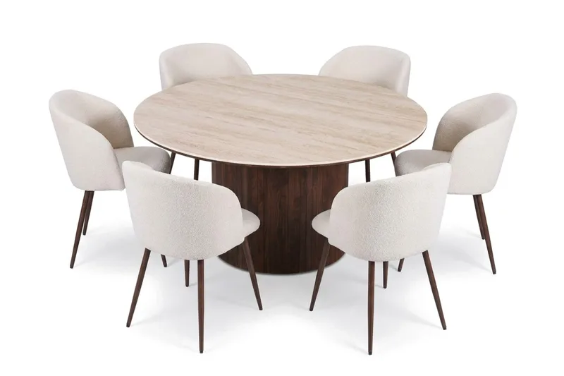 Arvo rund spisegruppe 150 cm Travertin med 6 Greya spisebordsstole, Valnød