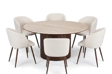 Arvo rund spisegruppe 150 cm Travertin med 6 Greya spisebordsstole - Valnød - Møbler - Borde - Spisebordssæt
