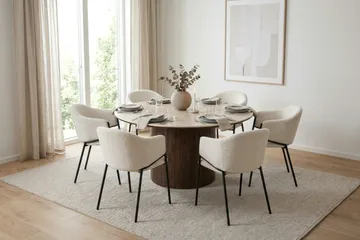 Arvo rund spisegruppe 150 cm valnød med 6 Filip spisebordsstole - Valnød/Hvid - Møbler - Borde - Spisebordssæt