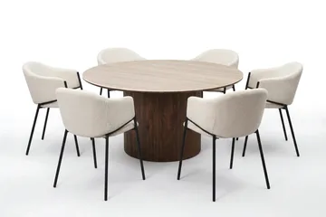 Arvo rund spisegruppe 150 cm valnød med 6 Filip spisebordsstole - Valnød/Hvid - Møbler - Borde - Spisebordssæt
