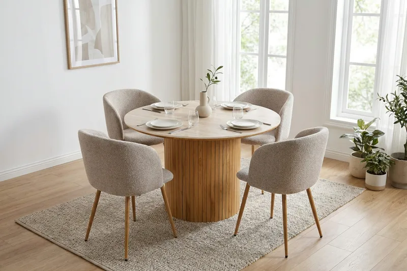Arvo spisegruppe rund 120 cm eg med 4 Greya spisestole - Eg/Greige - Møbler - Borde - Spisebordssæt