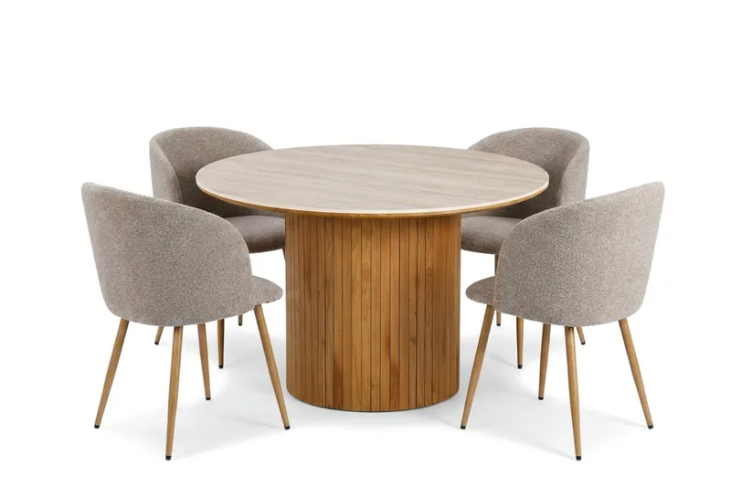 Arvo spisegruppe rund 120 cm eg med 4 Greya spisestole, Eg/Greige