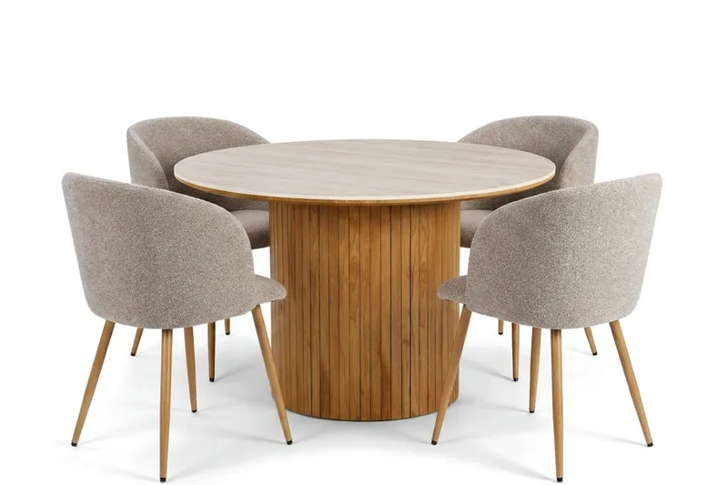 Arvo spisegruppe rund 120 cm eg med 4 Greya spisestole - Eg/Greige - Møbler - Borde - Spisebordssæt
