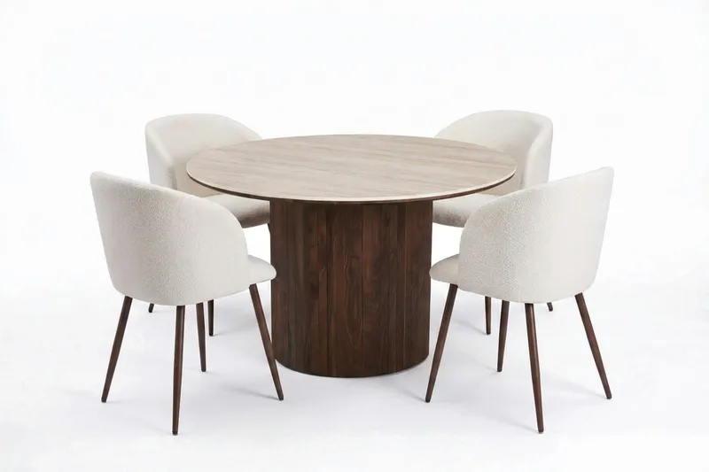 Arvo spisegruppe rund 120 cm valnød med 4 Greya spisestole, Valnød/Hvid