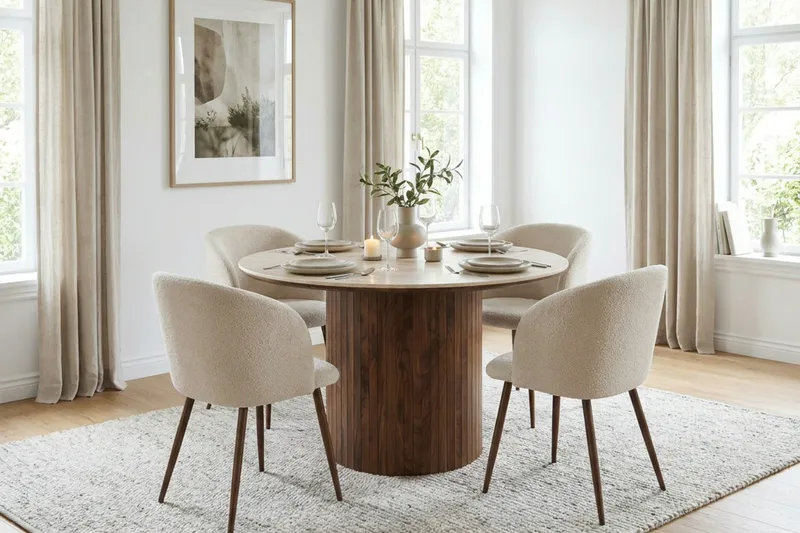 Arvo spisegruppe rund 120 cm valnød med 4 Greya spisestole - Valnød/Hvid - Møbler - Borde - Spisebordssæt