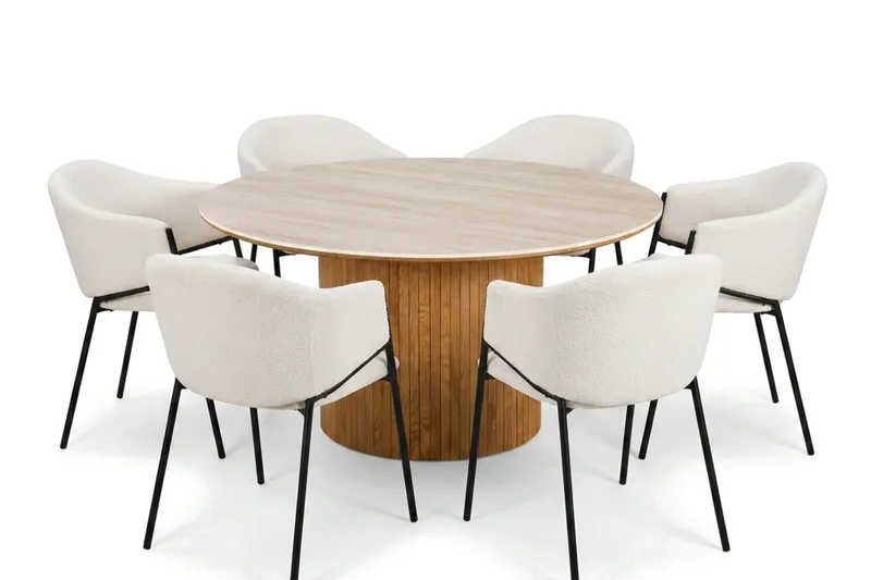Arvo spisegruppe rund 150 cm eg med 6 Filip spisestole, Eg/Hvid