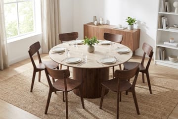 Arvo Spisegruppe rund 150 cm Valnød med 6 Amelia Spisebordsstole - Valnød - Møbler - Borde - Spisebordssæt
