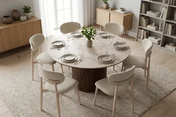 Arvo Spisegruppe rund 150 cm Valnød med 6 Molly Spisebordsstole - Valnød - Møbler - Borde - Spisebordssæt