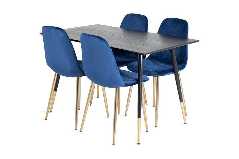 Balisa spisesæt 120 cm inkl. 4 Valeri-velourstole, Sort/Blå/Messing